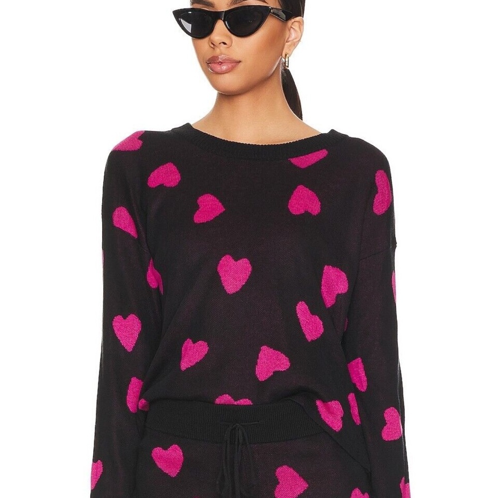 Beach Riot Black Crewneck Sweater with Hot Pink Hearts Sz L
